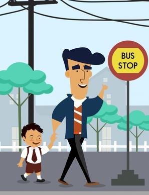 childhood drawing father son bus station colored cartoon