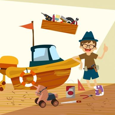 childhood drawing happy boy wooden ship toy icons