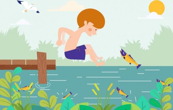 childhood drawing joyful boy fish river icons