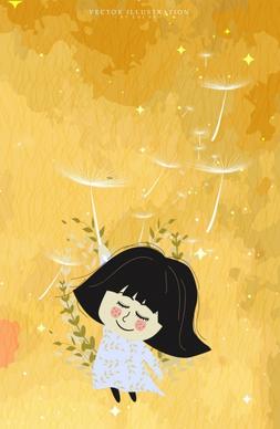 childhood drawing yellow backdrop little girl dandelion icons