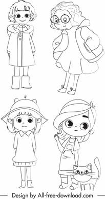 childhood icons cute girls sketch handdrawn cartoon