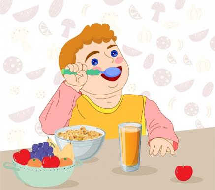childhood painting boy eating breakfast icon cartoon design