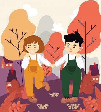 childhood painting young couple icon colored cartoon design