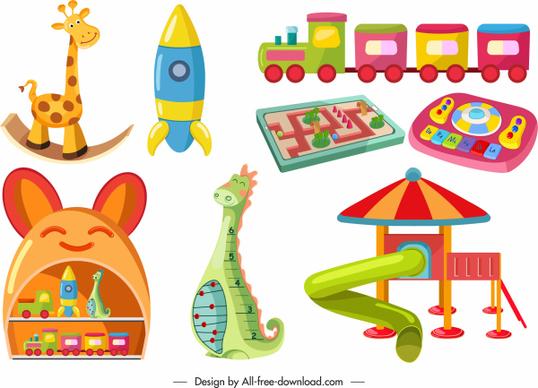 childhood toys icons colorful modern shapes