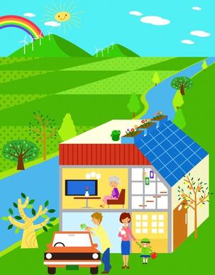 green ecology painting family house natural scene icons