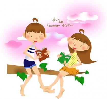 childhood background playful girls icons cute cartoon sketch
