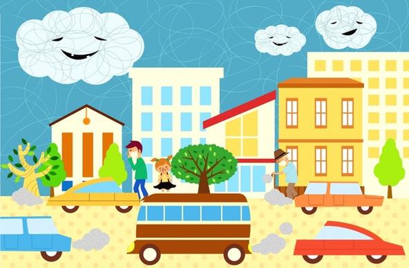 ecological environment background car pedestrian stylized cloud icons