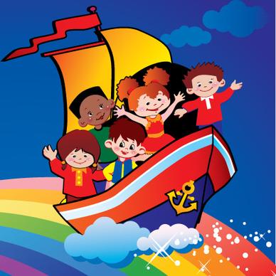 children with rainbow design vector