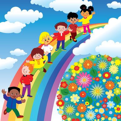children with rainbow design vector