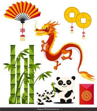 china design elements bright colored eastern symbols