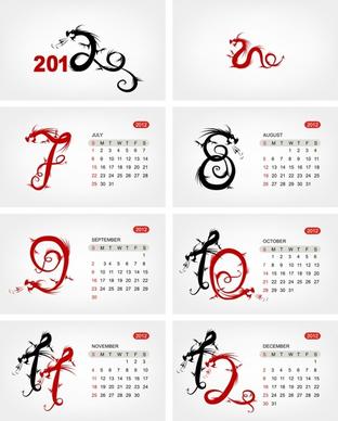 2012 calendar template oriental dragons sketch numbers shapes