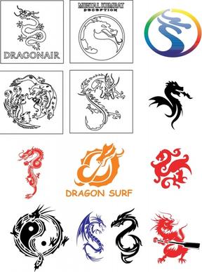 dragon icons collection oriental western symbols sketch
