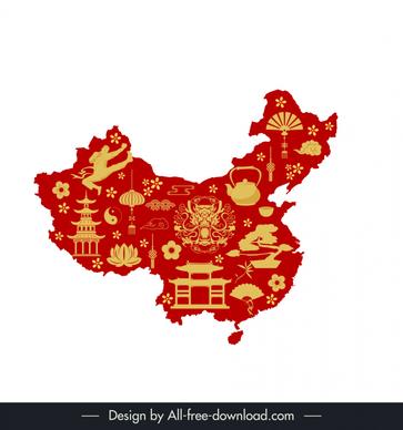 chinese maps template flat classical silhouettes country symbols outline 