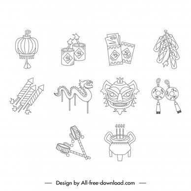 chinese new year icon sets flat classic handdrawn symbols sketch