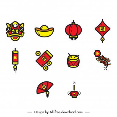 chinese new year icon sets flat classical symbols outline 