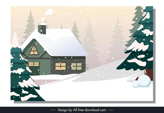 christmas backdrop house in the winter forest scene 