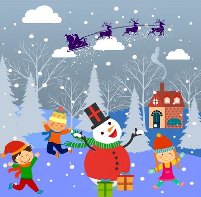 christmas background design children and snowman decoration