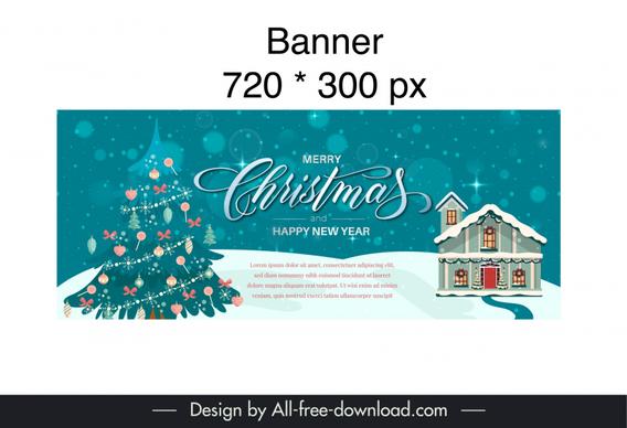 christmas banner template snowfall fir tree house scene 