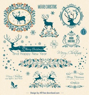 christmas border card design elements reindeer snowflake flowers decor