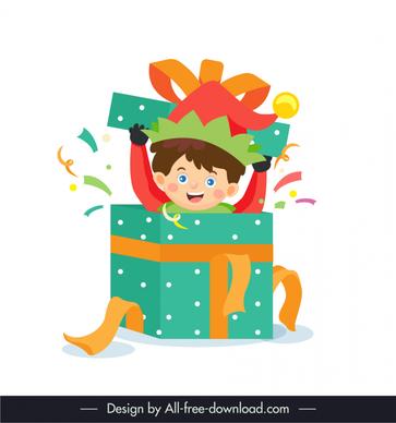 christmas design element cute boy in open gift sketch cute dynamic cartoon design 