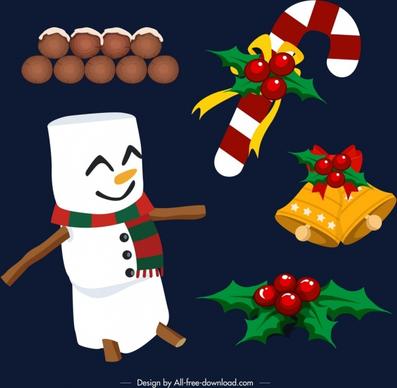christmas design elements snowman decorated objects icons