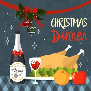 christmas dinner background roasted chicken wine baubles decoration