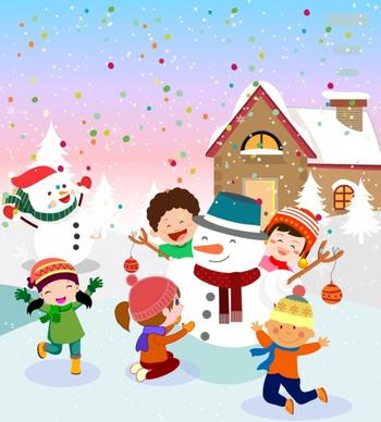 christmas drawing joyful kids snowman icons colored cartoon