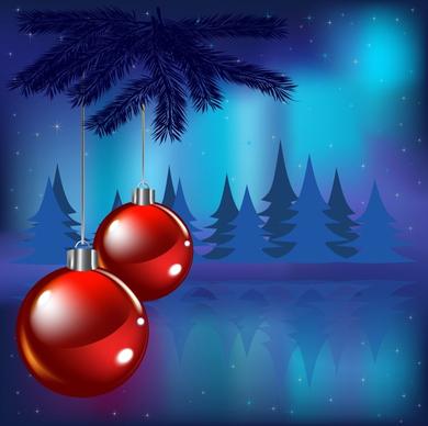 christmas background shiny baubles fir trees decor