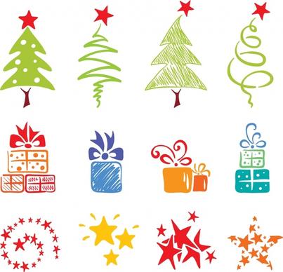 christmas design elements flat colored handdrawn symbols