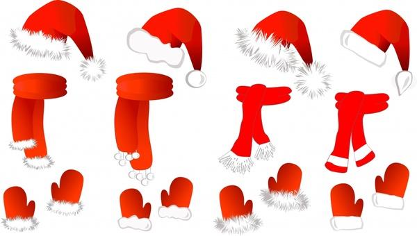 christmas design elements santa hat gloves scarf icons