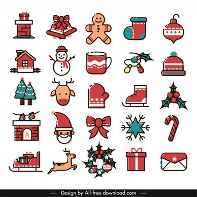 christmas icons collection colorful classical flat sketch
