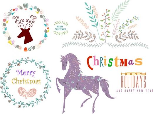 christmas logo sets various symbols in multicolors