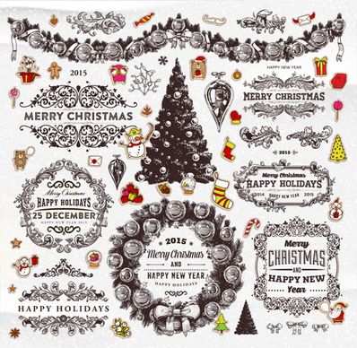 christmas ornament elements and labels vector