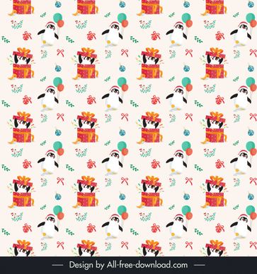 christmas pattern template repeating cute penguins present gifts balloons bauble balls decor