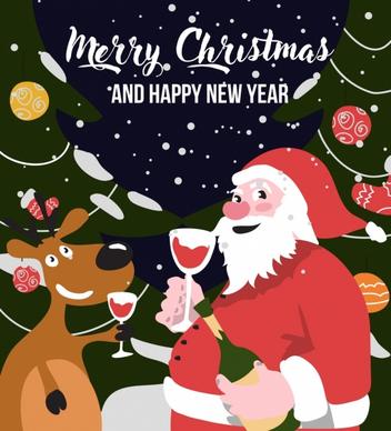 christmas poster santa stylized reindeer icon snowy background