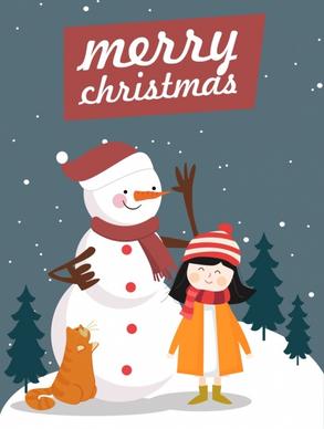 christmas poster snowman girl icons colored cartoon design