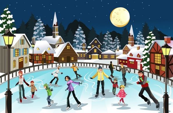 winter activity painting ice skating village cartoon design