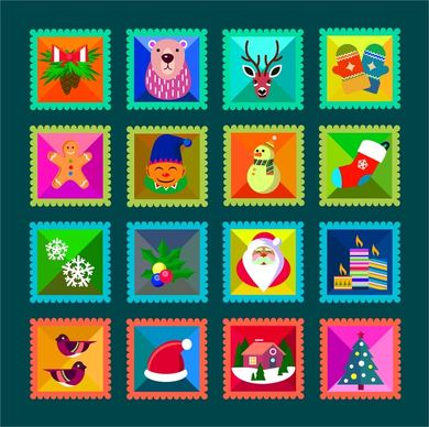 christmas stamps collection illustration with cute symbols