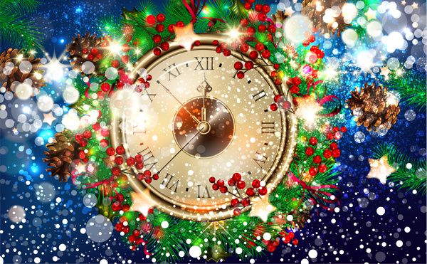 christmas template design with clock and bokeh background