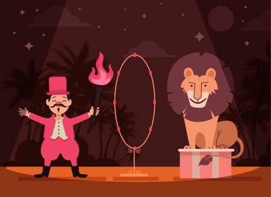 circus background lion trainer fire icons cartoon design