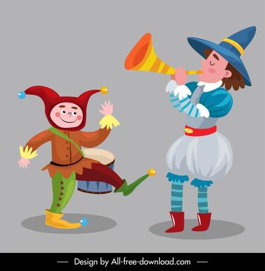 circus clown icons cartoon characters sketch