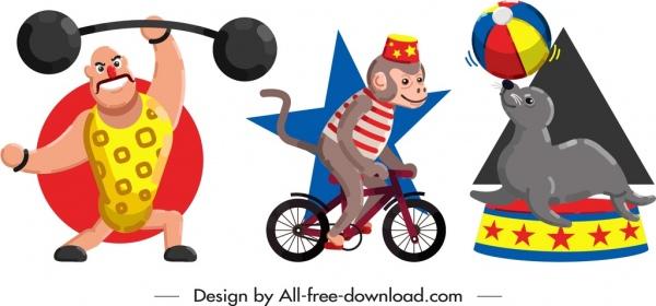 circus design elements performer animals icons cartoon characters