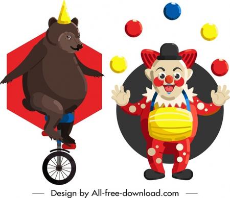 circus design elements performing bear clown icons