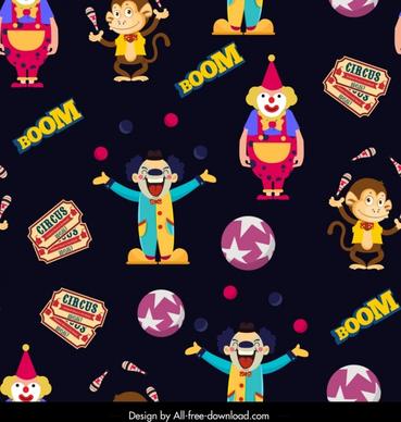 circus elements pattern clown monkey ticket icons decor