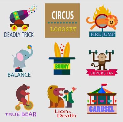 circus logo sets with flat colored emblems design