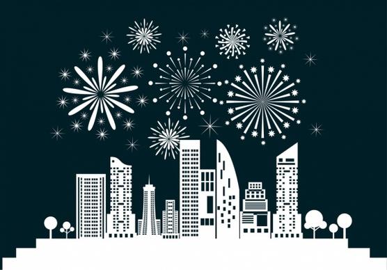 city fireworks background white silhouette design style