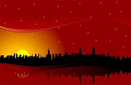 city highrise buildings under the red sunset silhouette vector
