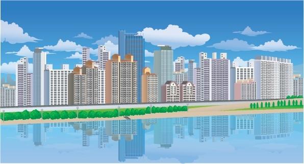 highrise buildings painting colorful reflection design