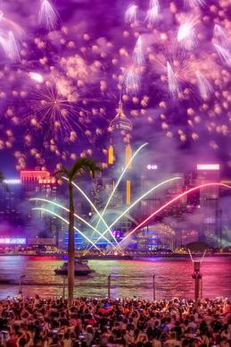 city new year festive picture sparkling fireworks scene 