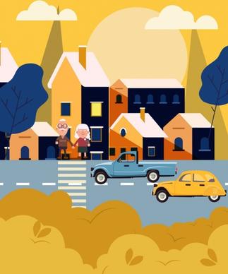 city painting road cars pedestrian houses icons decor